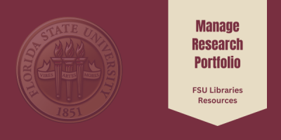 FSU Seal on left - Gold Banner on right with Manage Research Portfolio FSU Libraries Resources